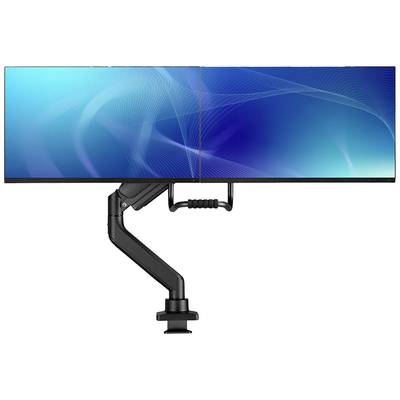 Dva vedľa seba umiestnené monitory na flexibilnom ramene so svetlomodrými pozadiami, ktoré vytvárajú jednotné zobrazenie.