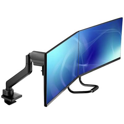 Dva počítačové monitory namontované vedľa seba na jednom ramene. Obrazovky zobrazujú modré vlnité vzory.
