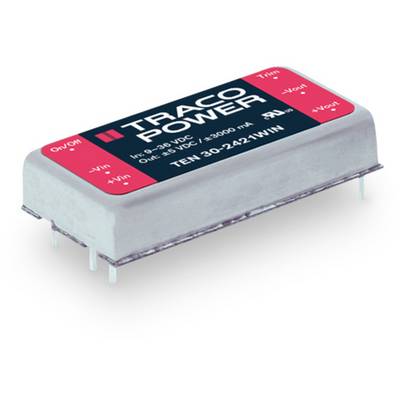 Elektrická súčiastka s nápisom 'TRACO POWER', ktorá má na spodnej strane pripájacie kolíky a vytlačené údaje o technických parametroch.