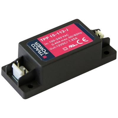 Menič napätia TRACO POWER TPP 15-112-J, vstup: 100-240V AC, výstup: 12V DC, 1,25A, čierne obdĺžnikové puzdro.
