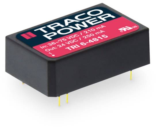Napäťový menič: Vstup 36-75 VDC, výstup 24 VDC, 250 mA. Značka 'TRACO POWER', model 'TRI 6-4815'.