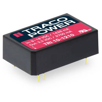 Červený TRACO POWER kryt s nápisom: Vstup: 9–18 VDC / 1428 mA, Výstup: 3,3 VDC / 2700 mA, číslo modelu TRI 10-1210.