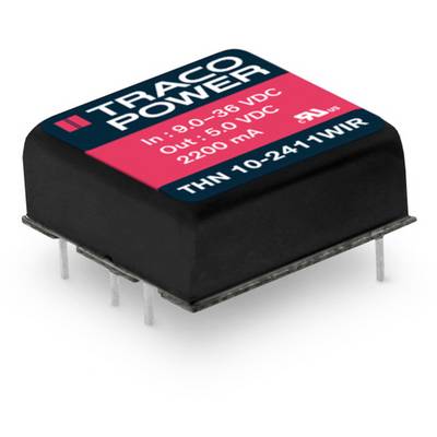 Čierny, obdĺžnikový menič napätia značky Traco Power s nápisom: 'Vstup: 9-36 VDC, Výstup: 5 VDC, 2200 mA, THN 10-2411WIR'.