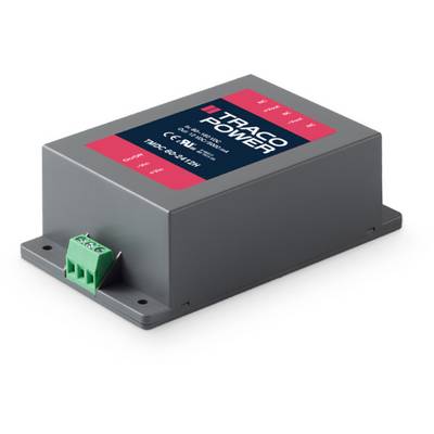 'TRACO POWER' Transformátor v sivom puzdre so zeleným svorkovým blokom. Vhodný pre priemyselné elektrické aplikácie.