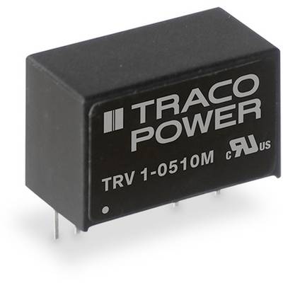Čierny napäťový menič od spoločnosti Traco Power, model TRV 1-0510M, s vytlačeným výstupným výkonom a napätím.