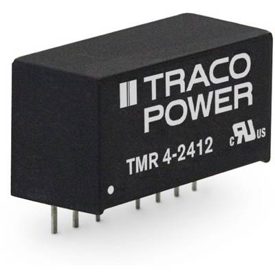 Čierne plastové puzdro s modulom so šiestimi kovovými kolíkmi na spodnej strane a nápisom TRACO POWER TMR 4-2412.