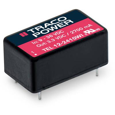 Menič napätia značky Traco Power, model TEL 12-2410WI, so vstupným napätím 9-36 VDC a výstupným napätím 3.3 VDC.
