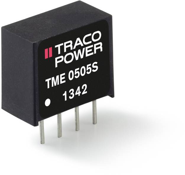 Menič napätia 'TRACO POWER TME 0505S', čierne púzdro, štyri pripojovacie kolíky, zreteľný firemný názov a číslo modelu na povrchu.