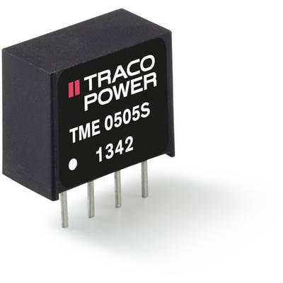 Menič napätia 'TRACO POWER TME 0505S', čierne púzdro, štyri pripojovacie kolíky, zreteľný firemný názov a číslo modelu na povrchu.