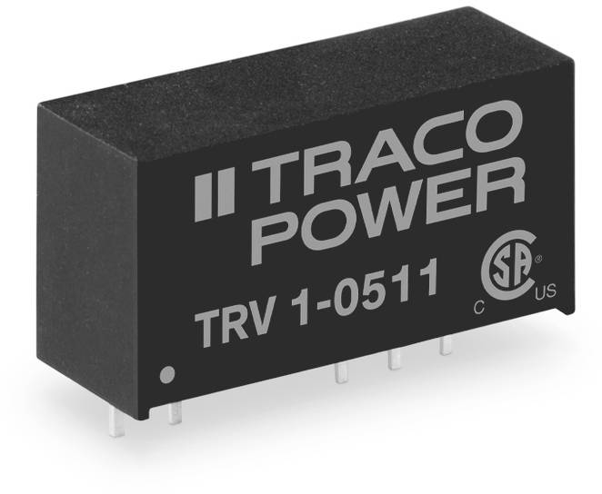 Čierna elektronická súčiastka s nápisom 'TRACO POWER TRV 1-0511', vybavená šiestimi striebornými pripájacími kolíkmi.