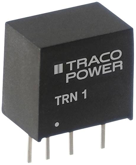 Čierna elektronická súčiastka od spoločnosti Traco Power s nápisom 'TRN 1', pravdepodobne menič napätia alebo relé, so štyrmi pripájacími kolíkmi.
