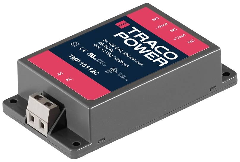 Obdĺžniková elektrická súčiastka od spoločnosti Traco Power s červenými a čiernymi označeniami, vrátane AC, NC, +Volt a -Volt svoriek.