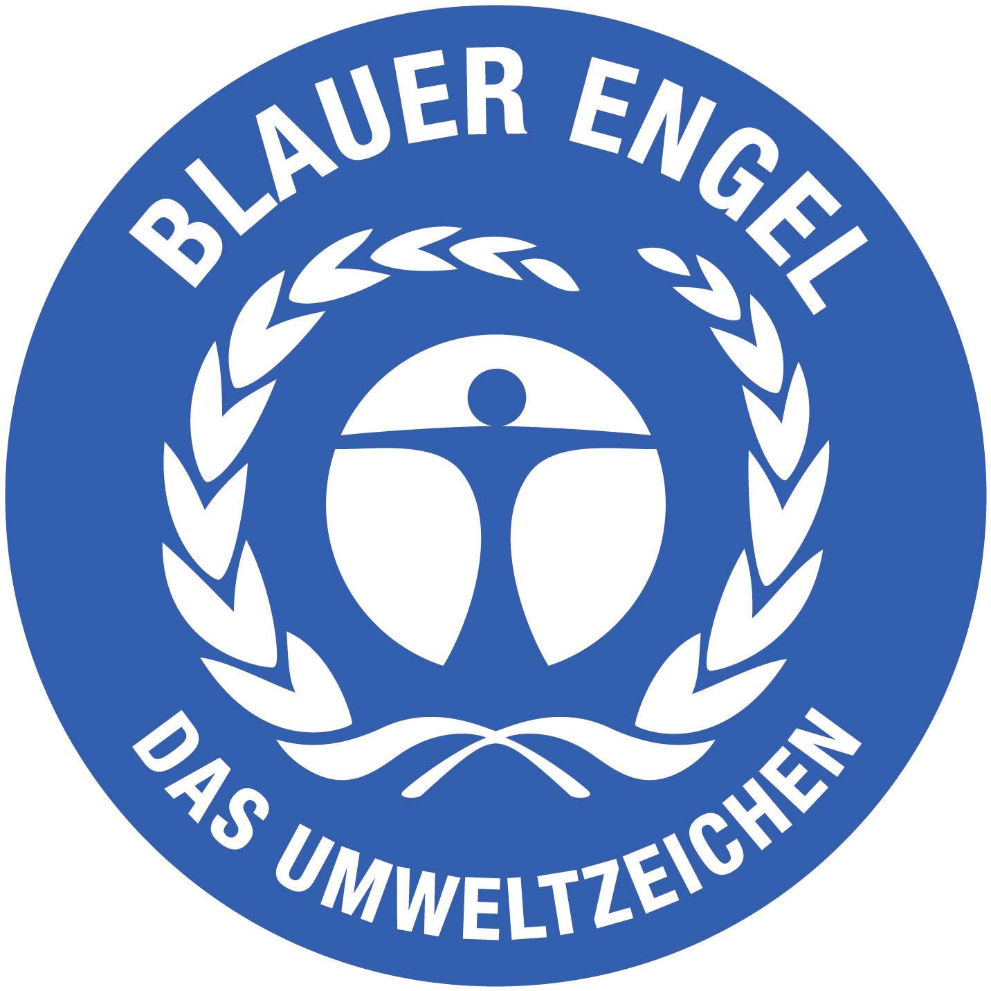 Modrý anjel environmentálna značka: Modré logo s bielou figúrou uprostred, obklopené vavrínovým vencom a textom 'Modrý anjel, environmentálna značka'.