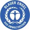 Modrý anjel environmentálna značka: Modré logo s bielou figúrou uprostred, obklopené vavrínovým vencom a textom 'Modrý anjel, environmentálna značka'.
