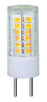Biela LED G9 žiarovka so zelenými svietiacimi čipmi a dvoma kovovými kolíkmi na pripojenie.