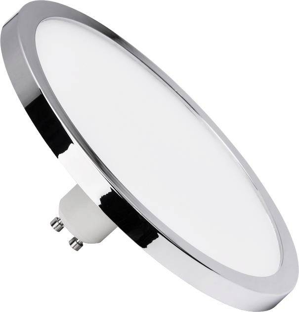 Okrúhla LED lampa so strieborným rámom, zobrazená z bočnej strany.