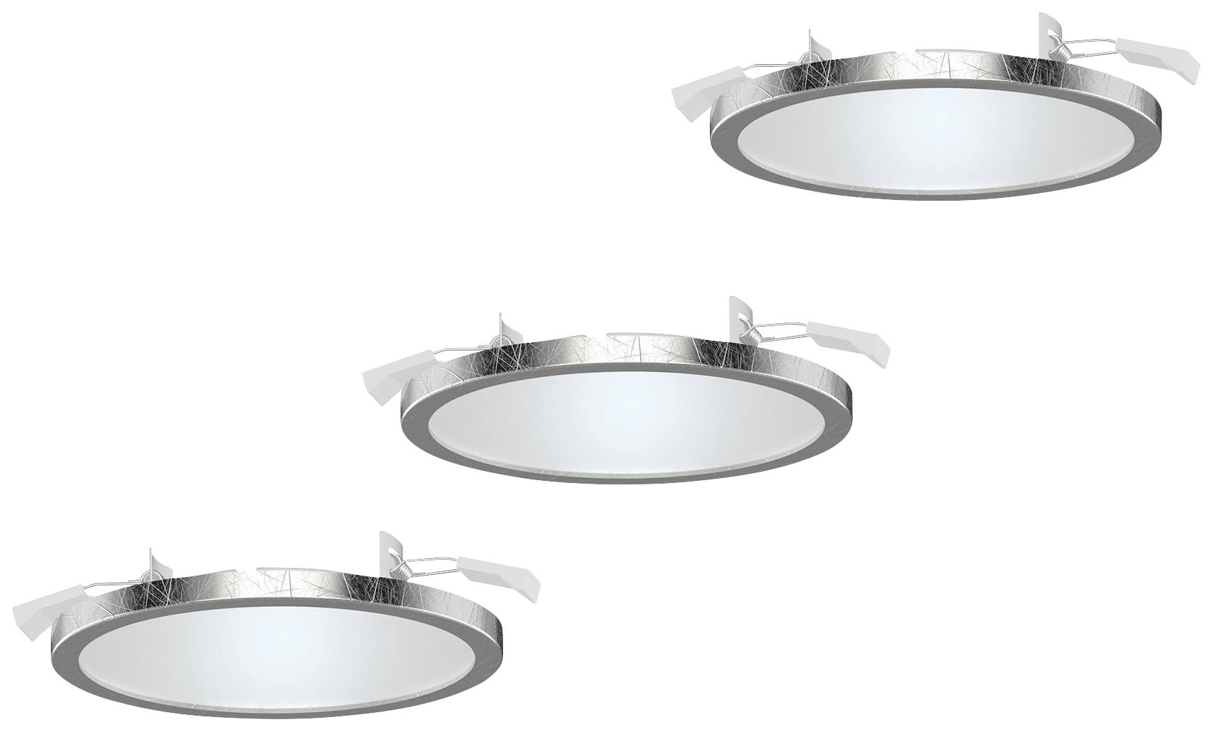 Okrúhle LED zapustené svietidlá so strieborným okrajom, zobrazené trikrát. Vhodné na montáž do stropu v moderných interiéroch.