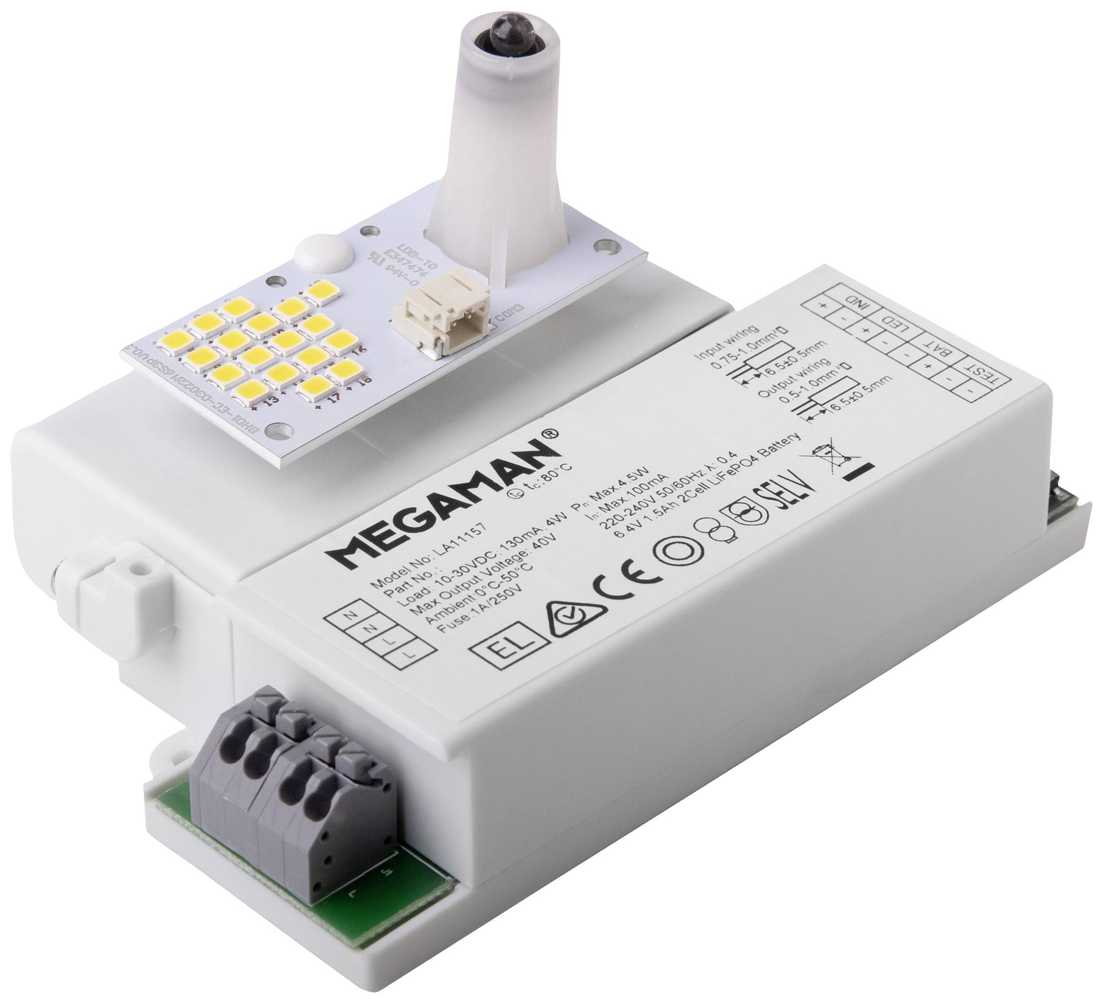 LED modul s ovládačom od spoločnosti Megaman. Modul zobrazuje početné žlté LED čipy a má konektory pre elektrické pripojenia.