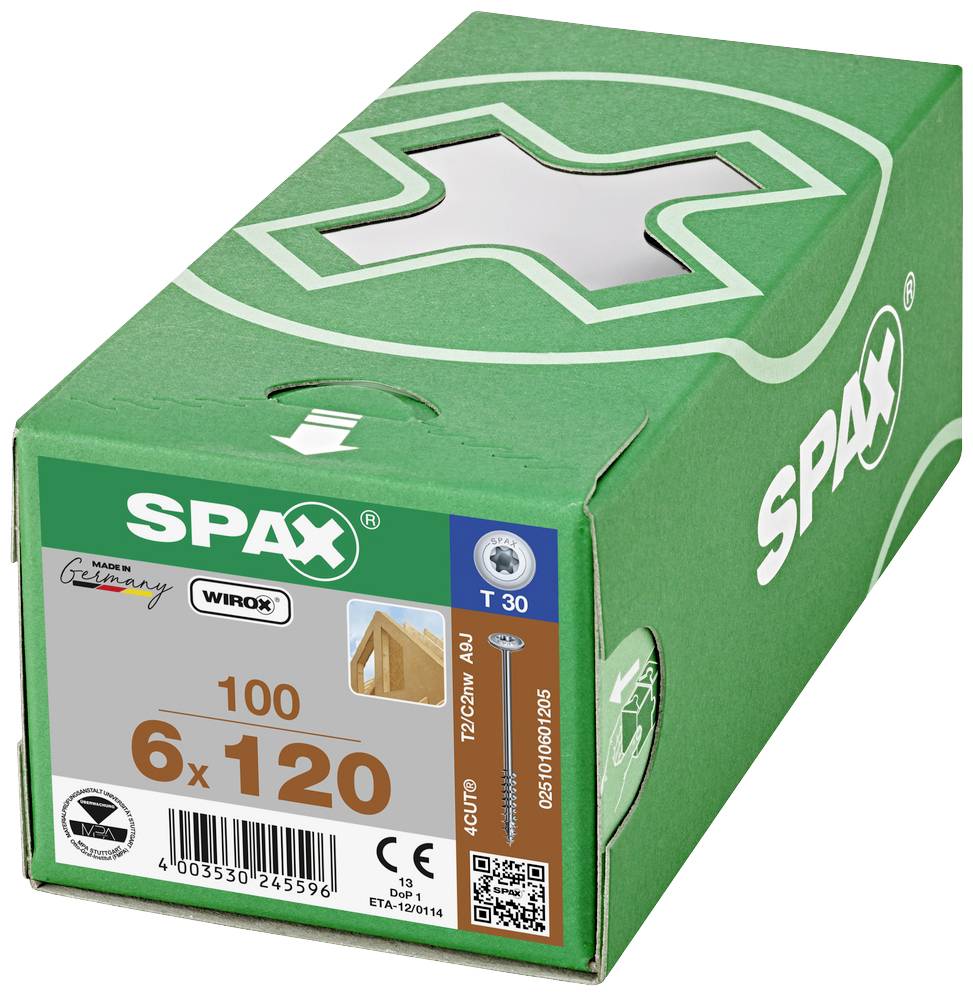 Zelený obal s nápisom 'SPAX' obsahuje 100 skrutiek veľkosti 6x120 určených pre drevené konštrukcie. Vyrobené v Nemecku.