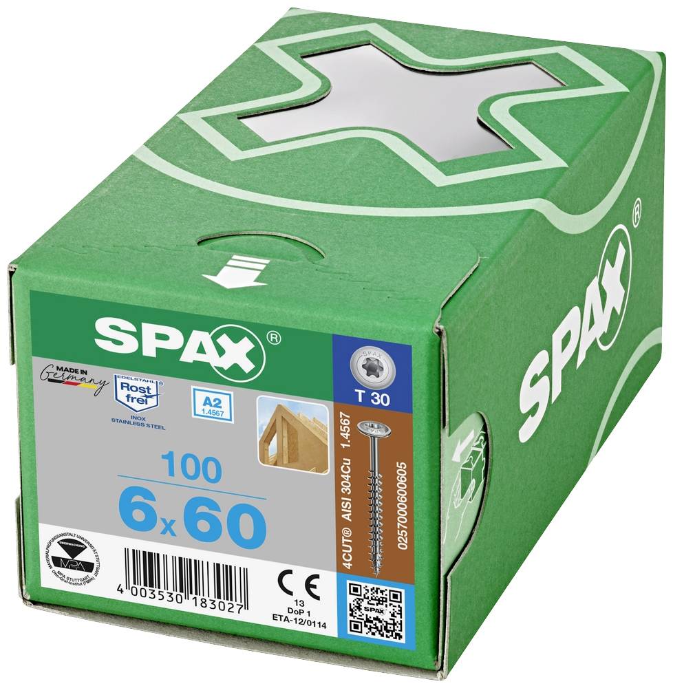 Zelená krabica so značkou SPAX, 100 skrutiek 6x60 mm, vhodných pre drevené spoje, nehrdzavejúce, nerezová oceľ A2, s drážkou T30.