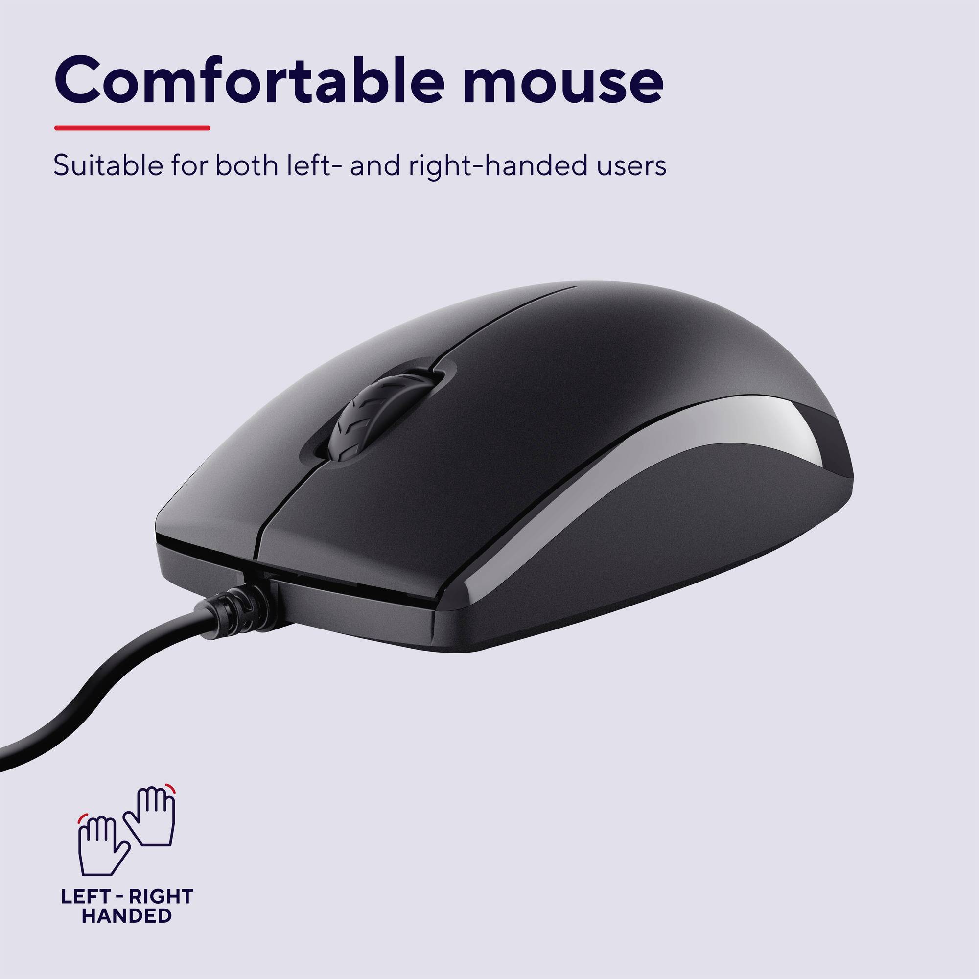 Čierna počítačová myš s káblom, vhodná pre pravákov aj ľavákov, na sivom pozadí s textom 'Comfortable mouse'.