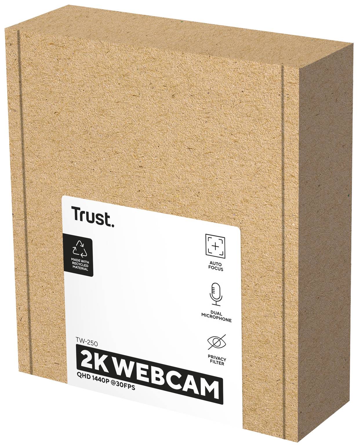 Hnedý obal značky Trust zobrazuje 2K webkameru s automatickým zaostrovaním, vstavaným mikrofónom a filtrom súkromia.