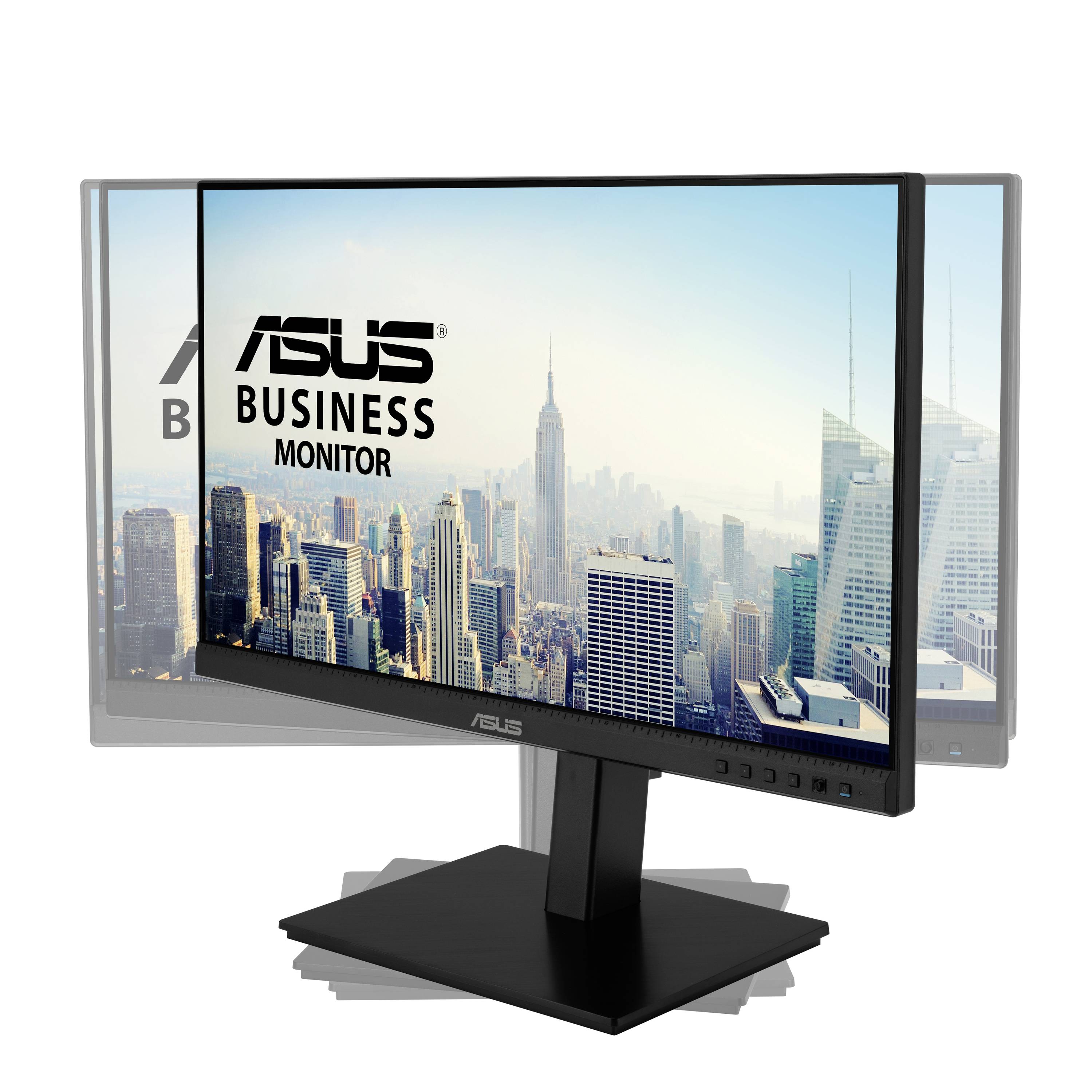 Obchodný monitor ASUS zobrazuje mestský pohľad s mrakodrapmi a prominentnou budovou v pozadí. Ideálny pre podnikateľské prostredia.