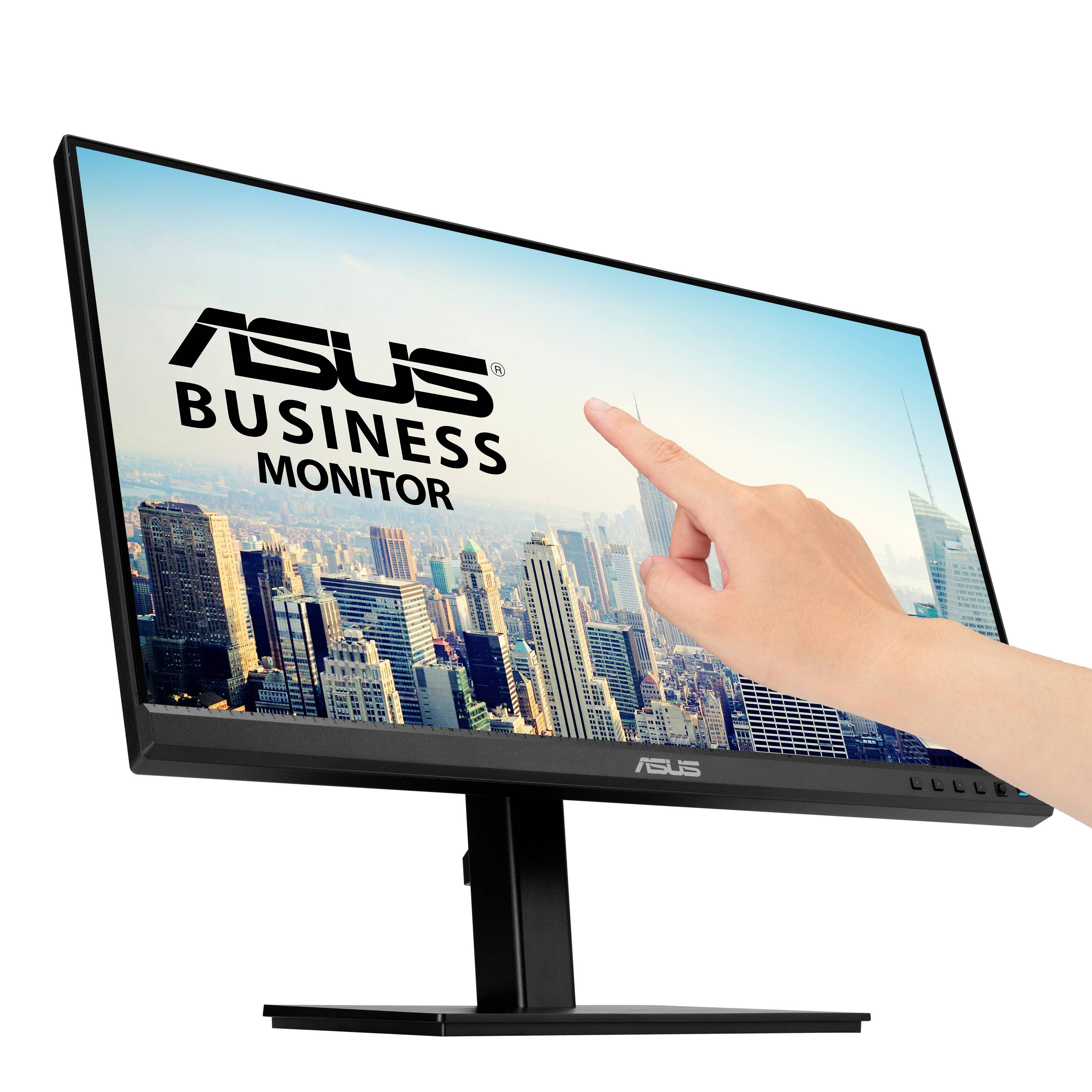 Monitor s nápisom 'ASUS Business Monitor', ruka sa dotýka obrazovky. V pozadí výhľad na mesto.