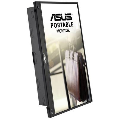 Prenosný monitor Asus s obrázkom koženej tašky v pozadí.