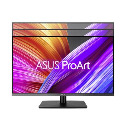 Monitor značky Asus ProArt s farebným, abstraktným pozadím v odtieňoch červenej, fialovej a oranžovej.