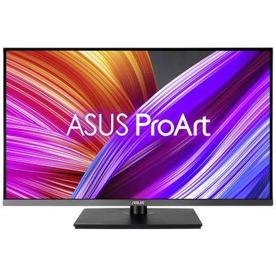 ASUS ProArt monitor s farebným pozadím zobrazuje zakrivené línie v odtieňoch červenej, oranžovej a fialovej.