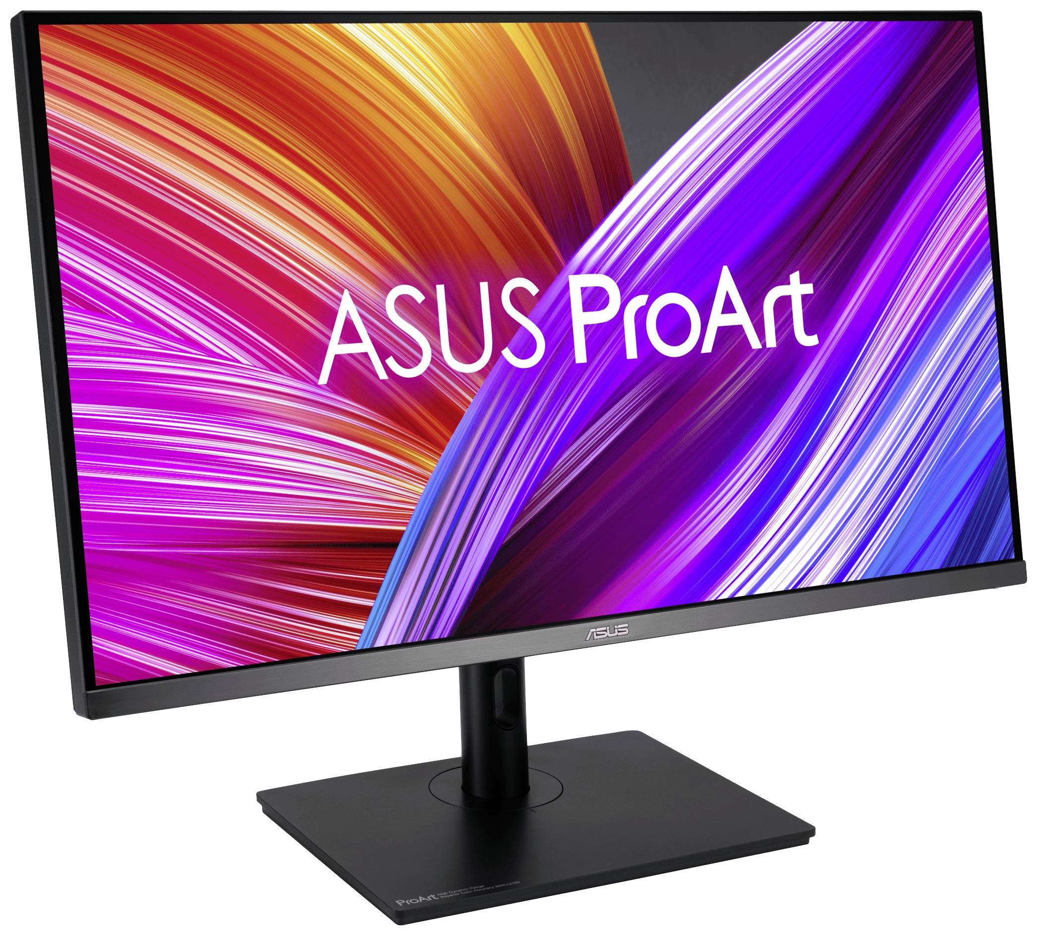 Počítačový monitor s nápisom 'ASUS ProArt' zobrazuje živý abstraktný dizajn v odtieňoch červenej a modrej na displeji.