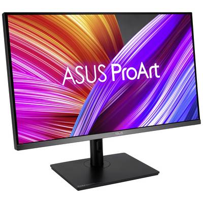 Počítačový monitor s nápisom 'ASUS ProArt' zobrazuje živý abstraktný dizajn v odtieňoch červenej a modrej na displeji.