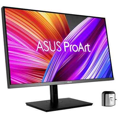 Monitor ASUS ProArt so žiariacim farebným spektrom na obrazovke. Vpravo je umiestnený farebný kalibrátor.