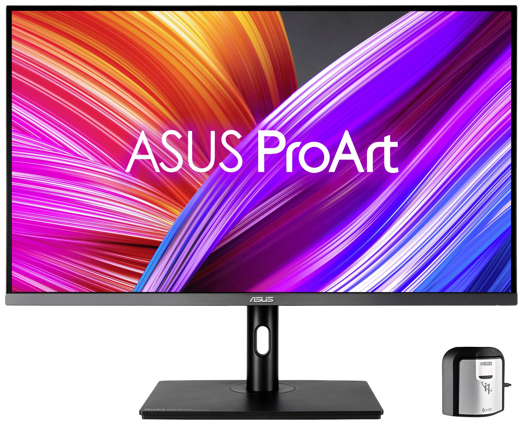 Monitor ASUS ProArt s jasným, farebným vzorom na pozadí. Vedľa monitora stojí malý, obdĺžnikový senzor.