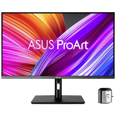 Monitor ASUS ProArt s jasným, farebným vzorom na pozadí. Vedľa monitora stojí malý, obdĺžnikový senzor.