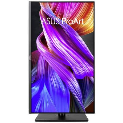 Monitor ASUS ProArt s úzkym rámom, orientovaný vertikálne, na ktorom je vidieť farebné, abstraktné 3D umelecké dielo.