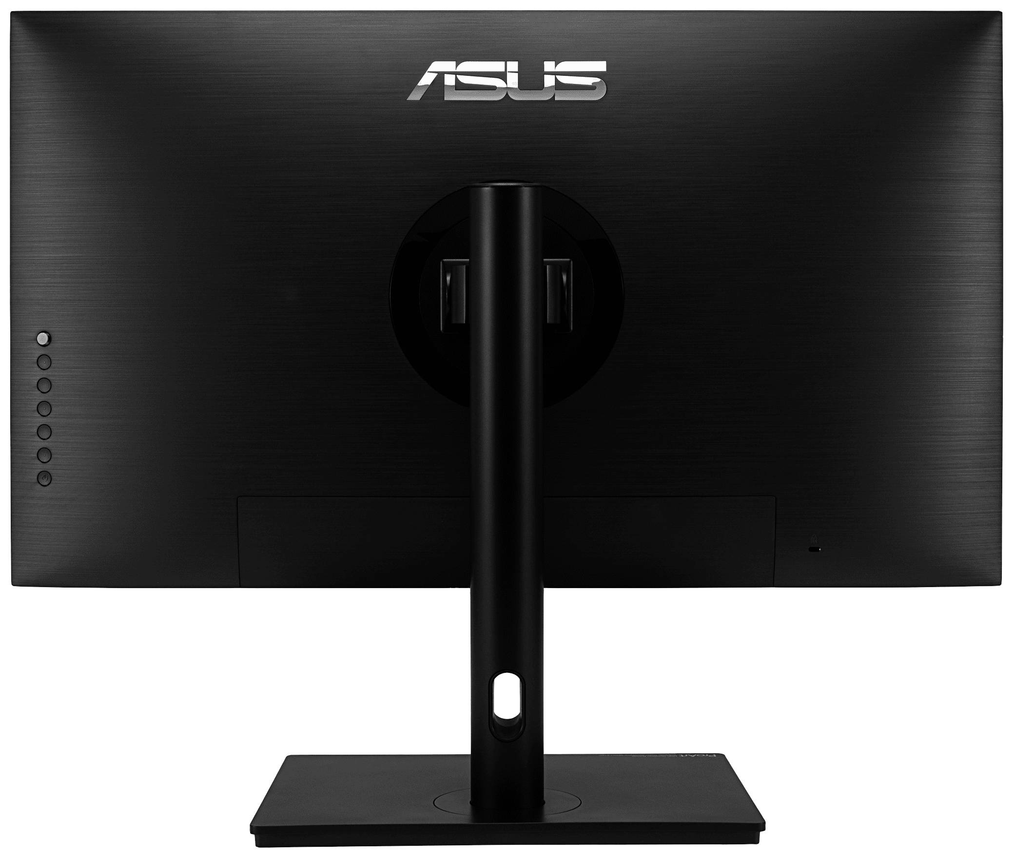 Zadná strana monitora ASUS. Čierny so stabilnou podperou, na ľavej strane niekoľko portov.