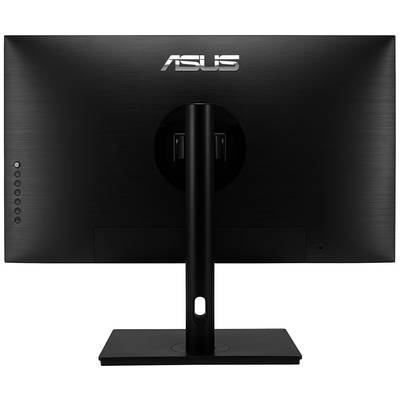 Zadná strana monitora ASUS. Čierny so stabilnou podperou, na ľavej strane niekoľko portov.