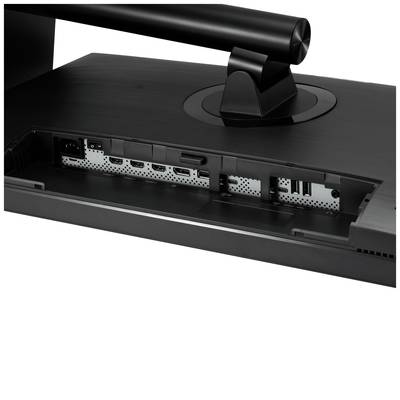 Zadná strana počítačového monitora s rôznymi portmi vrátane HDMI a USB pod odnímateľným krytom.