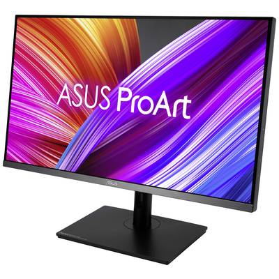 Monitor ASUS ProArt zobrazuje živé, diagonálne prechádzajúce pruhy v červenej, ružovej a modrej farbe na bielom pozadí.