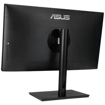 Čierny počítačový monitor značky ASUS, pohľad zozadu so stojanom.