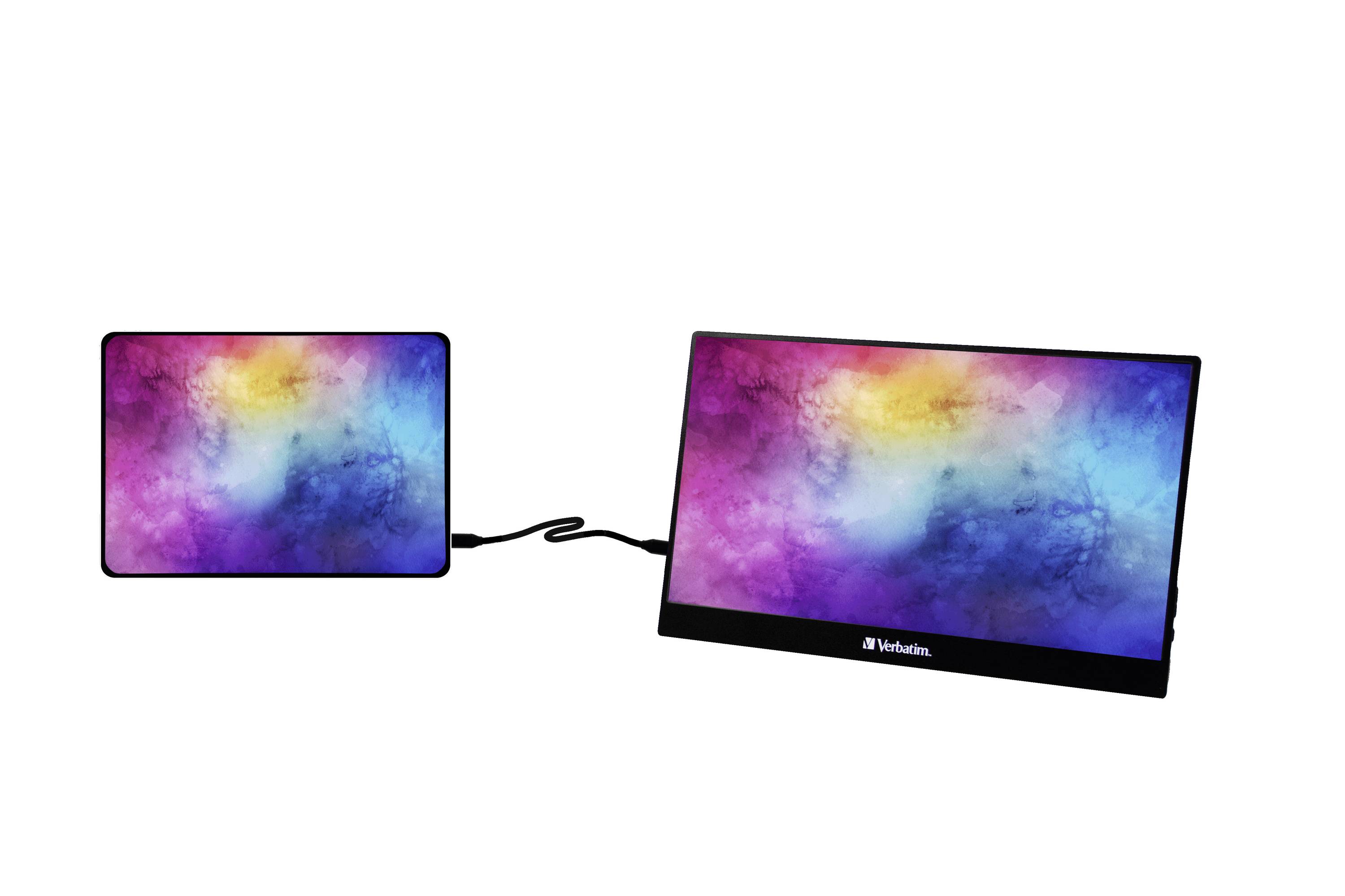 Dva prenosné monitory so žiarivými, farebnými displejmi sú viditeľné vedľa seba. Oba sú prepojené káblom.