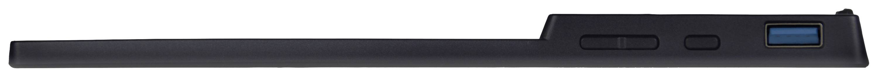 Čierny, obdĺžnikový predmet, pravdepodobne diaľkový ovládač, s modrým akcentom a dvoma tlačidlami na boku.