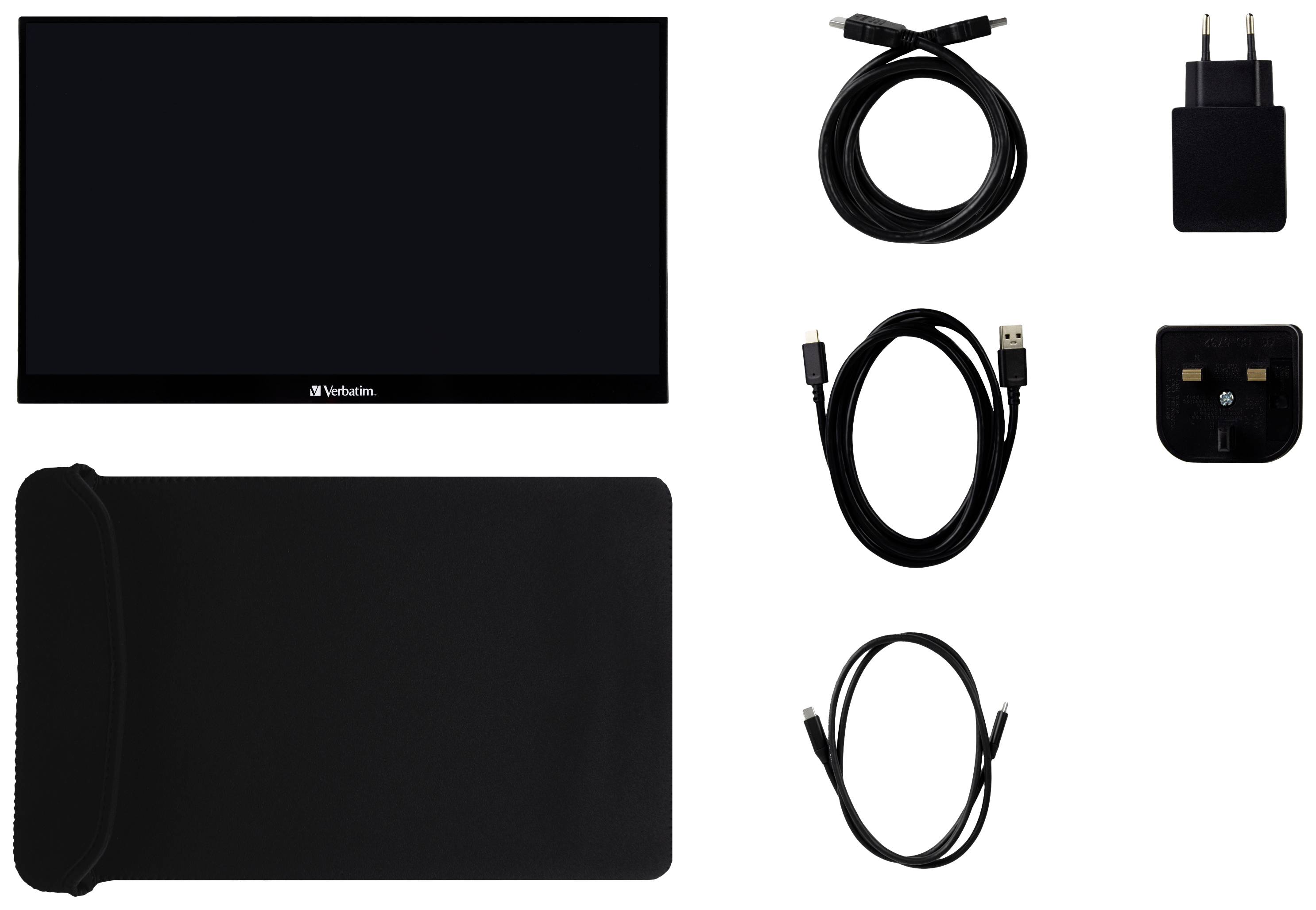 Prenosná displej sada s obrazovkou, napájacím adaptérom, USB káblami a ochranným obalom, vhodná pre mobilné použitie alebo prezentácie.