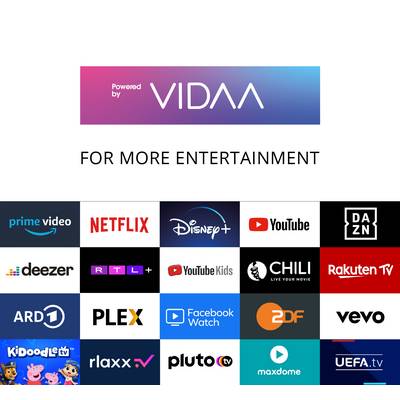 "Poháňané systémom VIDAA: Viac zábavy". Zobrazujú sa logá streamovacích služieb ako Prime Video, Netflix, Disney+, YouTube a ďalších.
