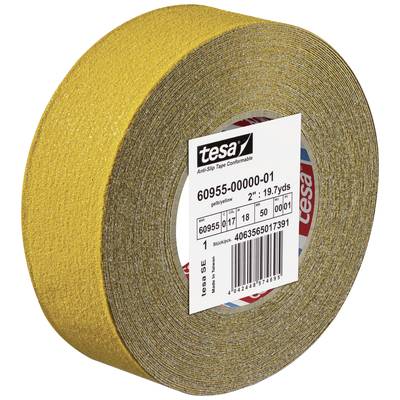 Rolka protišmykové lepiace pásky značky Tesa, žltej farby, s produktovými detailmi a čiarovým kódom na etikete.