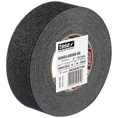 Čierna protišmyková lepiaca páska so štítkom 'tesa' a špecifikáciami produktu.