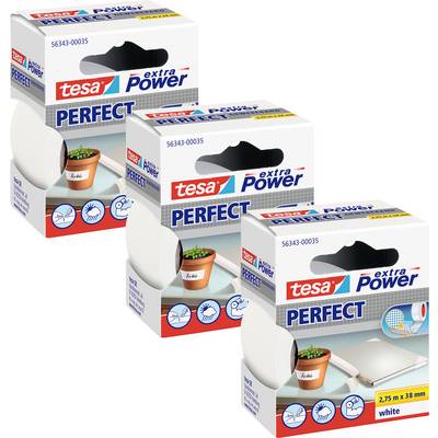 Tri krabičky lepiacej pásky 'tesa extra Power Perfect', každá označená '2,75 m x 38 mm, biela', určené na vnútorné a vonkajšie opravy.