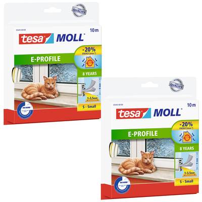 Dve balenia Tesa Moll E-profil s obrázkom okna, tesnenia a mačky. Chráni pred prievanom, 10 m dlhé, trvanlivosť až 8 rokov.